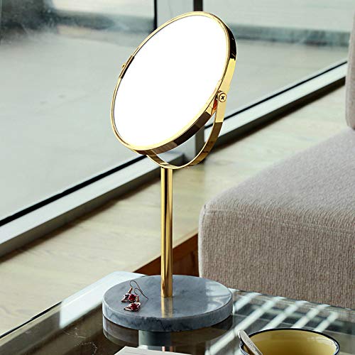 Iamagie Makeup Mirror Vanity Cosmetic 3x Magnifying Mirror Double-Sided Round Surface 360 Degree Swivel Rotation Metal Stand with Natural Marble Base for Home Bedroom Bathroom (Gold)