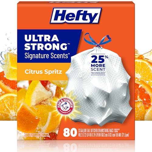 Image of Hefty Ultra Strong Signature Scents 13 Gallon Trash Bags, Citrus Spritz Scent, Tall Kitchen Trash Bags with 25% More Scent Technology, White, 80 Count