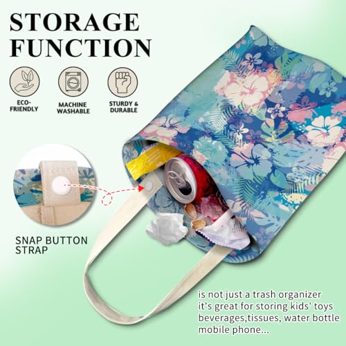 Image of Car Trash Can, Cute Car Trash Bag, Hanging Car Organizer and Storage Bag, Trash Bin for Car Accessories, Vehicle, Travelling, Camping Tropical Hawaiian flowers