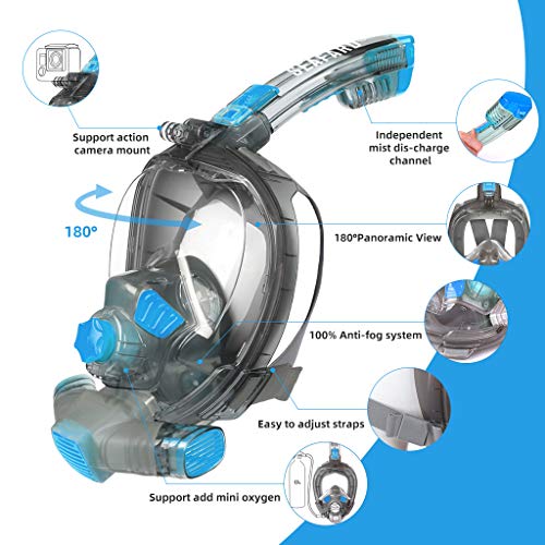 Full Face Snorkeling Mask, Foldable Scuba Diving Swimming Underwater Easy Breath Snorkel Mask with 100% Anti-Fog Dry Top Set/Support Add Mini Oxygen Tank for Youth & Adults Blue