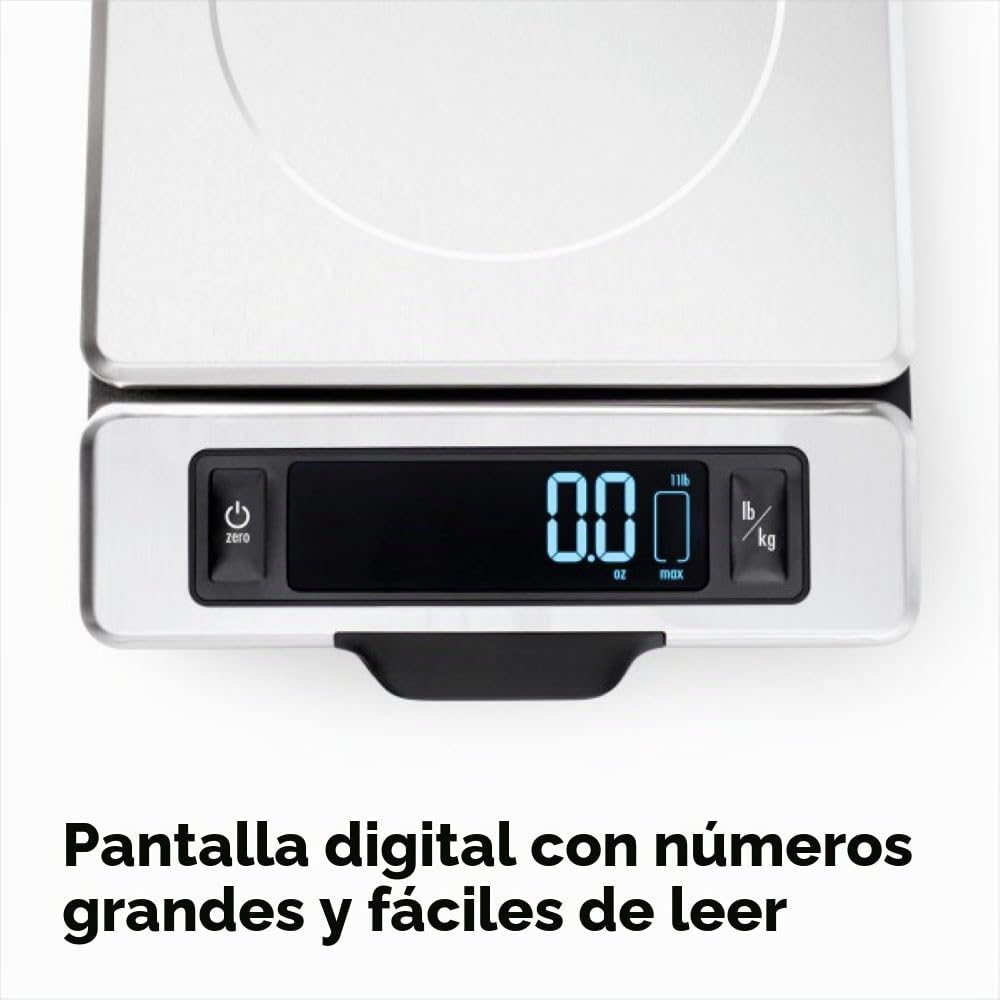 OXO Good Grips Balanza de Cocina de Acero Inoxidable de 5 kg: Pantalla Extraíble para Visualización sin Sombras + Números Digitales Fáciles de Leer + Diseño Compacto