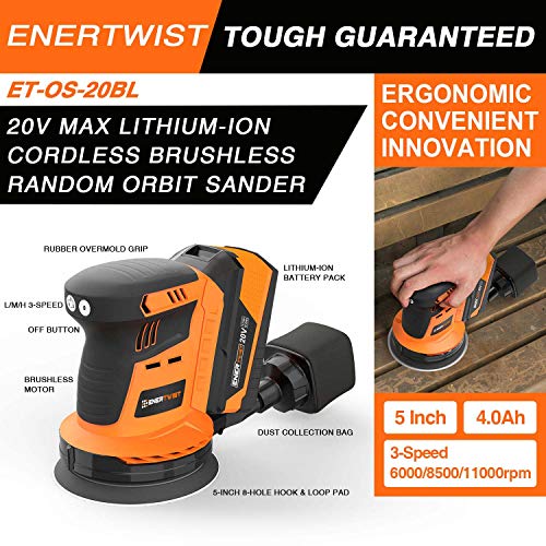 Enertwist Cordless Orbital Sander, 20V Max 5-Inch Brushless Random Orbit Sander with 4.0Ah Lithium-ion Battery and Charger, Including Dust Bag and 9-Pieces Hook-and-Loop Sanding Pads, ET-OS-20BL