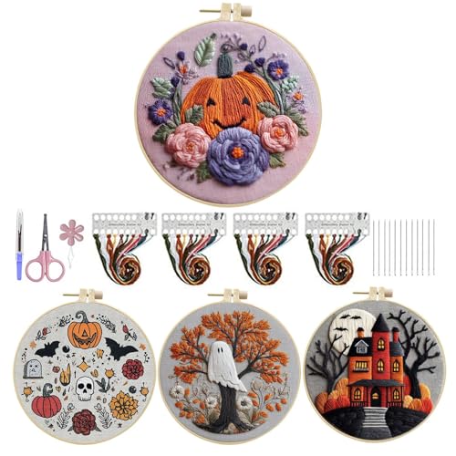 Paquete de bordado de Halloween para adultos, juego de bordado con patrón de castillo de Halloween gótico - Accesorios de proyecto de costura con instrucciones para mujeres y adolescentes