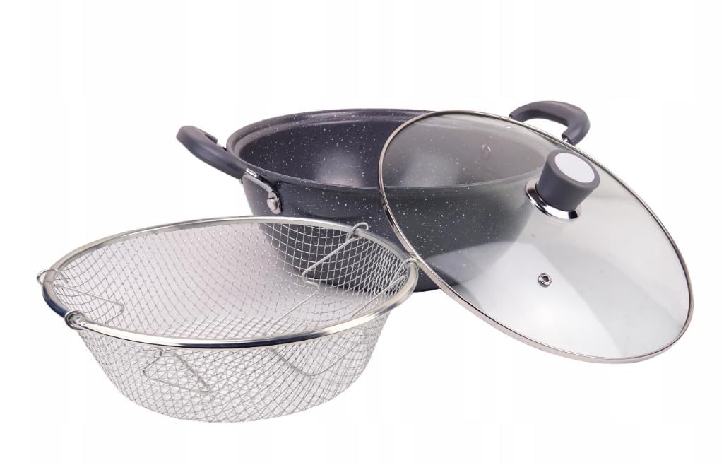 VBM Stir Fry Pan 22cm Basket With Glass Lid And Handle Non stick Wok Hob Pan Deep Frying Pan Steamer Fryer Pot Pans 2.L For Kitchen Cooking Pot For Kitchen
