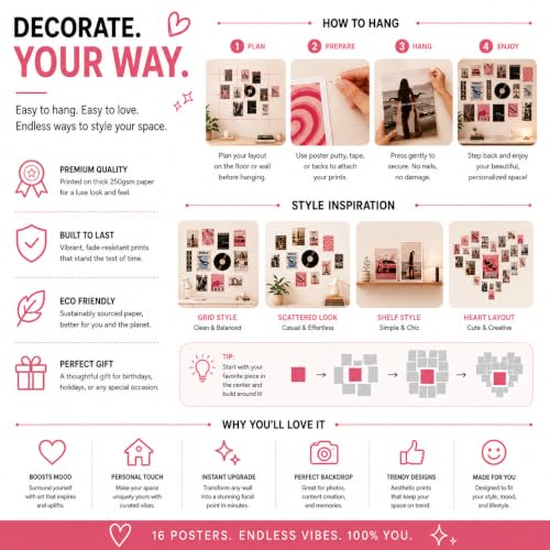 Image of 17 Piece Aesthetic Poster Set | 300 GSM Multi-Sized Wall Posters with Adhesive Tape | Music, Retro, Paris & Vintage Art Prints for Bedroom, Room Decor, Home Decor, Living Room & Wall Art