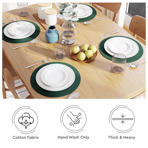 Image of Dining Table Mats Set of 4 | Cotton Table Mat 32 cm Diameter, Encasa XO Washable Round Table Mats, Heat Resistance Dining Table Placemats, Handmade Ribbed Style for Centre Table, Dark Green