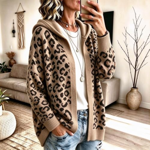 Leopard Print Cardigan Sweater Open Front Knit Cardigan with Hood Top - image 4