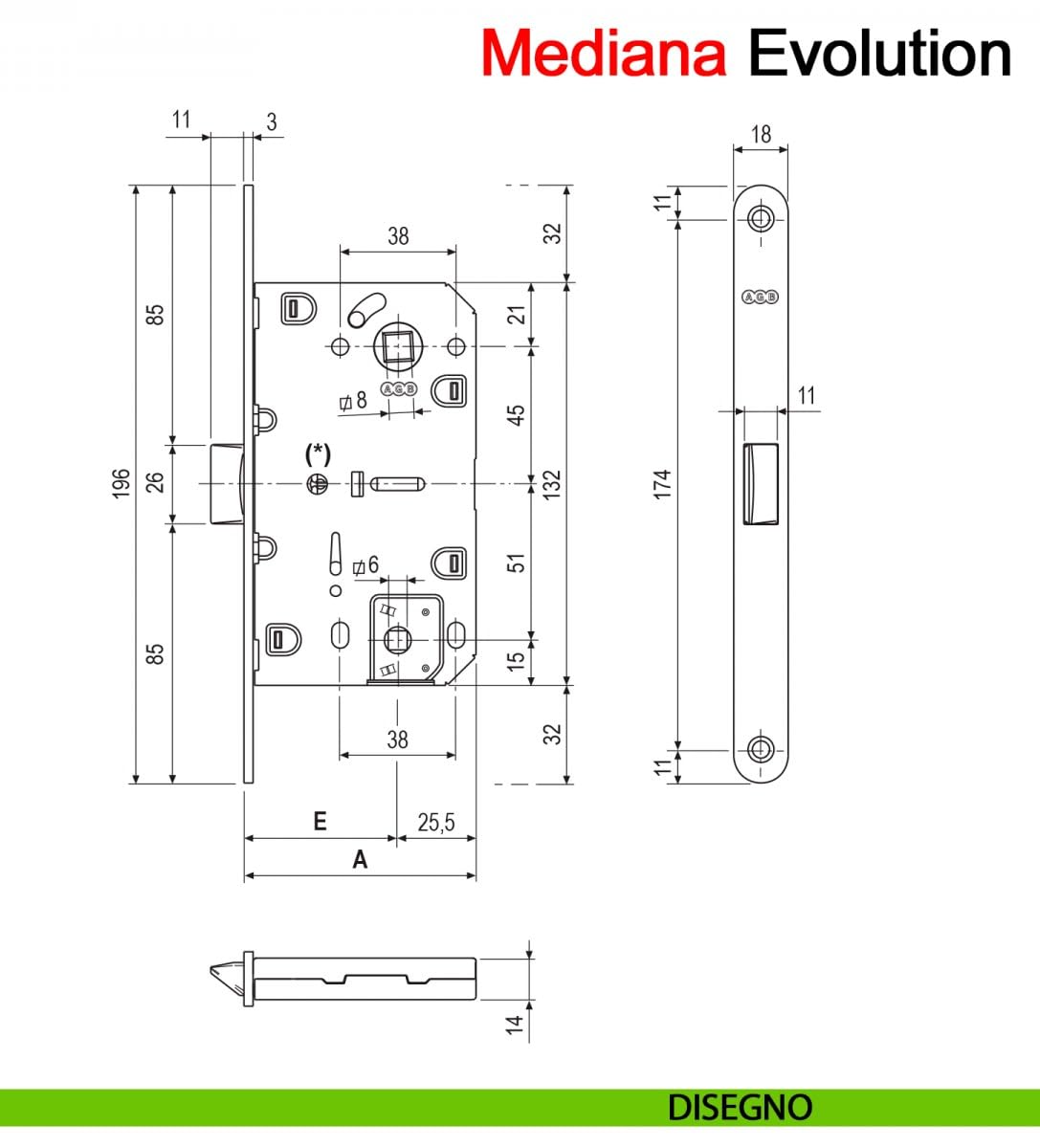 Serrure AGB Mediana Evolution avec verrouillage central uniquement pour porte intérieure. (chromé mat)
