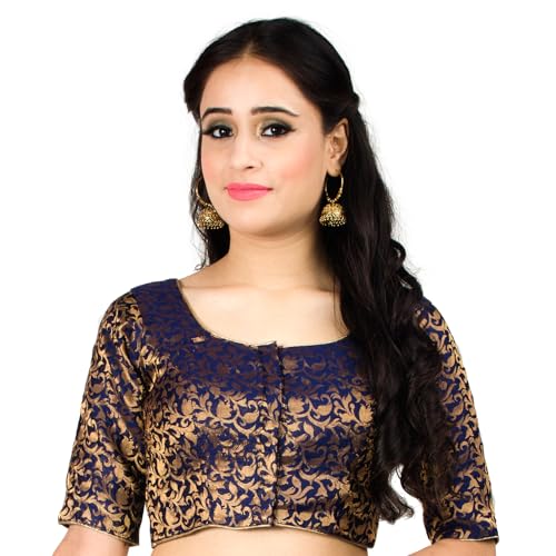 Chandrakala Banarasi Blouses for Women Sarees Readymade Navy Blue 2X-Large (B214NAV6)