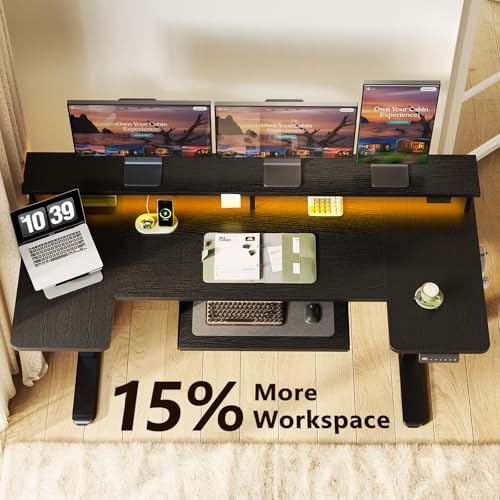 Image of OffiGo U Shaped Electric Standing Desk with Keyboard Tray, 63 Inch Height Adjustable Desk with Power Outlets & LED Lights, Sit Stand Table with Monitor Stand for Home, Office, Black