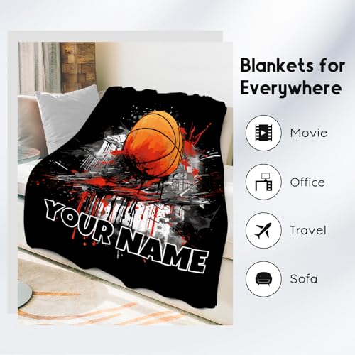 Custom Basketball Blanket, Cozy Soft Throw Blankets for Kids, Cool Black Flannel Throw Gifts for Couch Office, 30x40 Inches