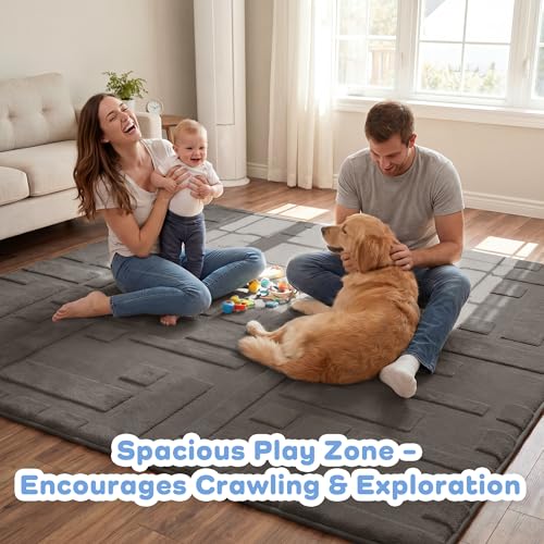 Image of 1.3 inch Thick Baby Play Mat for Floor, 79x118 Foam Play Mats Dark Grey | Padded Memory Foam High-density 1.3 inch Cushioning Floor, Non-Slip Easy Care Tummy Time Crawling Playroom Living Room Nursery