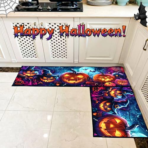 CZRUGALS Halloween Kitchen Runner Rug, Spooky Pumpkin Design, Galaxy Blue