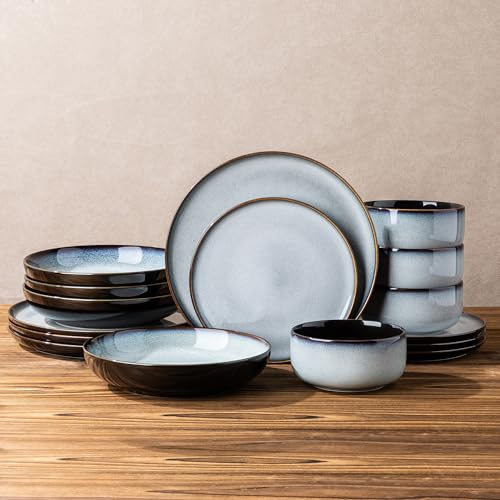 Image of LERATIO Ceramic Dinnerware Sets with Pasta Bowls for 4,Plates and Bowls Sets,Oven &Microwave & Dishwasher Safe,Light Weight & Scratch Resistant Dishes Sets-Service for 4 (16pcs)-Gray White
