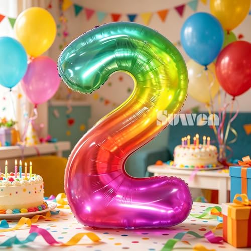 Image of SUWEN Rainbow Number 2 Balloon 40 Inch,Big Colorful Balloons 0-9 | Large Gradient Jelly 2nd Helium Foil Mylar Number Multicolor Balloons for Birthday Anniversary Party Decorations