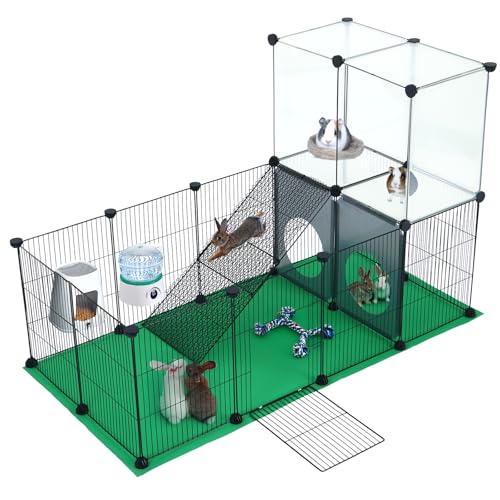 JUNGLE STONE Conejillo de indias, corral de conejos, jaula de parque de animales pequeños, valla de ejercicio para mascotas con alfombrilla y rampa, panel de malla de hierro para bricolaje, diseño