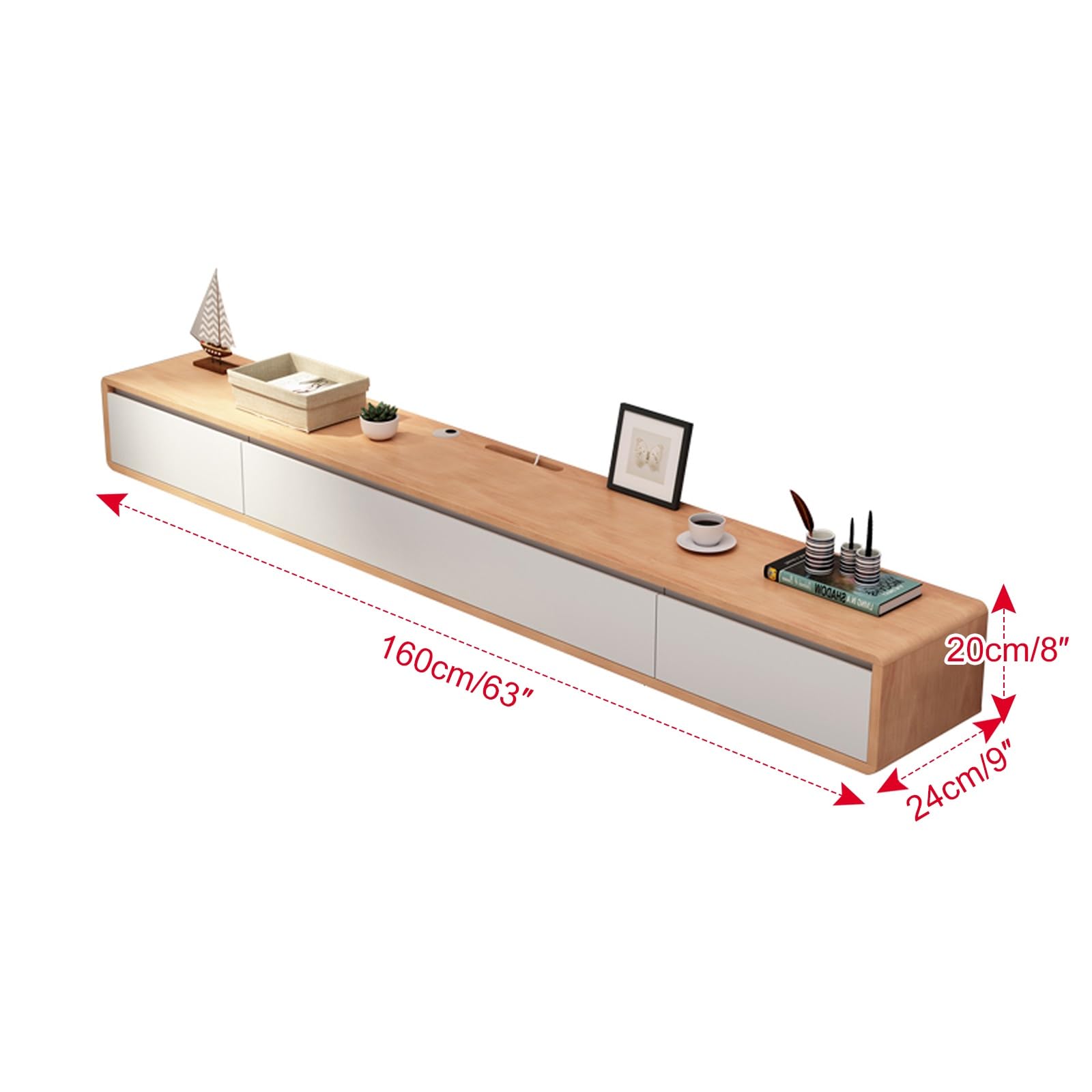 Mobile TV sospeso, Moderno Centro di intrattenimento sospeso con 2 cassetti portaoggetti, mensola TV in Legno massello, Console multimediale per Soggiorno, Camera da Letto (Naturale, 160 cm/63 polli