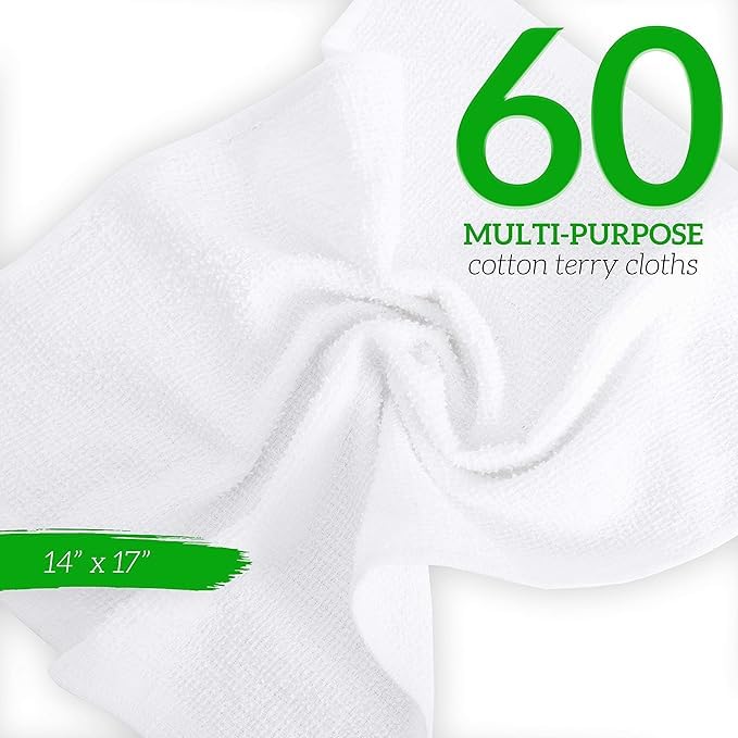 Image of GREEN LIFESTYLE 60-Pack Cotton Wash Cloths - 14 inchx17 inch Absorbent Cleaning Rags for Housekeeping, Kitchen Towels, Bar Mop Towels, Durable Terry Cloth Rags, Premium Quality Multipurpose Washcloths