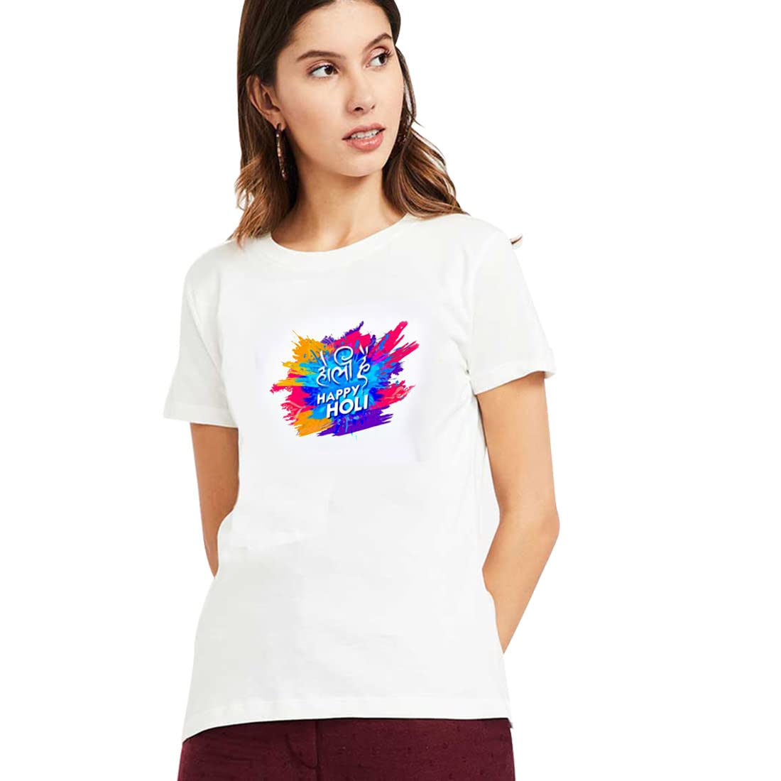 BRATMAZWomen's Holi Tshirts Roundneck Holi Hai Happy Holi Printed Top for Women