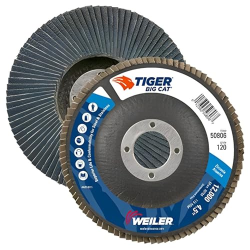 Image of Weiler 50806 Big Cat High Density Abrasive Flap Disc, Type 27, Round Hole, Phenolic Backing, Zirconia Alumina, 4-1 /2 inch Dia., 120 Grit (Pack of 10)