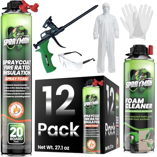 Sprayman Spraycoat Fire Rated Spray Foam Insulation Kit 240 Sq.Ft - High R-Value (11.32 / 2in) Closed Cell Heat & Noise Insulation for Wall & Attic - Gun, Cleaner & Safety Gear - 27.1 oz, 12 Pack