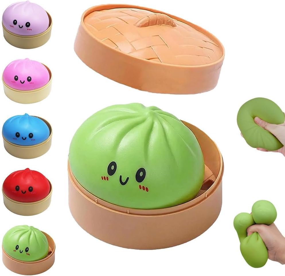 Colorful Dumplings Stress Balls Novlety Dumpling Stuffed Bun Plush Rainbow Dumplings Cute Anxiety Relief Fidget Toy Decompression Dough for Adults Bun with Food Steamer Stretchy Toys (Green)