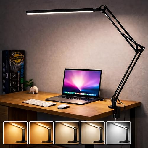 PRIME ESSENTIALS® Lampara Escritorio I Flexo LED | 110Cm 5 Modos de Color 12W | Función de Memoria I 11 Niveles de Brillo 1300 LM | Para Oficina Estudiar Salon | Candeeiro de Mesa I Color Negro.
