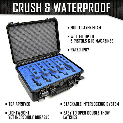 5 Pistol 18 Magazine Doro Gun Case With Custom Mycasebuilder Foam Insert - Waterproof, Heavy Duty - Tactical Firearms And Ammunition Holder, 18 X 14 X 7 Inches #TOP2