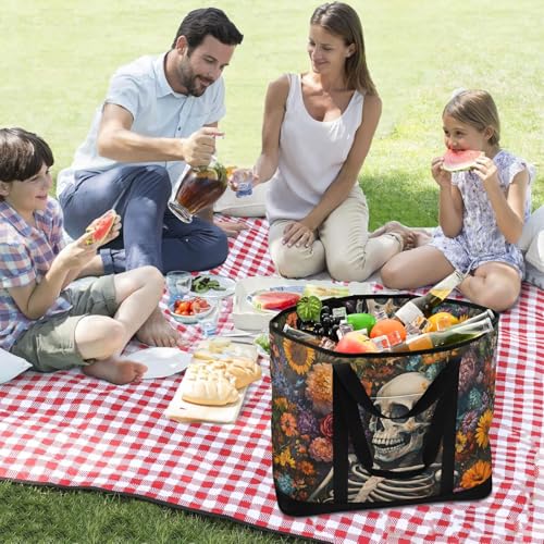 Skeleton Colorful Flowers Large Insulated Tote Bag for Grocery Shopping Reusable Tote Bags for Women Men, Cooler Bag with Zippered Top & Handles for Beach Picnic Travel3