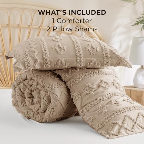 Image of Bedsure Tufted Boho Comforter Set King Size - Light Brown Boho Bed Set, GentleSoft 3 Pieces Farmhouse-Style Embroidery Bedding, Gifts for Woman, Soft Jacquard Kids' King Comforter for All Seasons