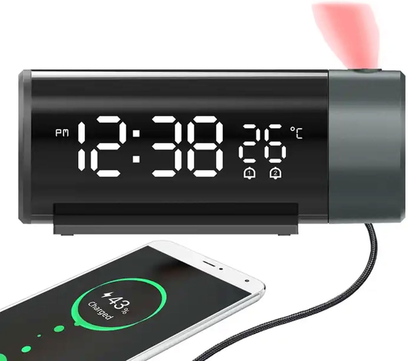 USB Charging Projection Alarm Clock, Adjustable Digital Clock Projector, 180° Projector Temperature Display, Clear Led Display, Snooze, Dual Alarms, Automatic Exposure Cl