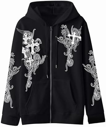 Zip Up Oversized Hoodies Women Men, Graphic Gothic Jackets Cross Hoodie, Baggy Streetwear Fleece Sweater Unisex