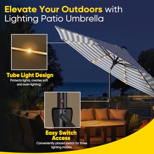 Image of Tempera Patio LED Umbrella with Light | Solar Outdoor Umbrella | Market Table Parasol with Push Button Tilt and Crank, with Sturdy Pole & Fade Resistant Canopy, Easy to Set