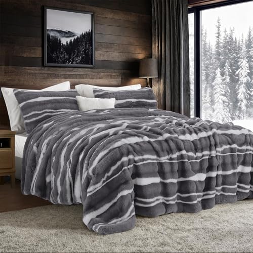 Image of Wonderful 3 Pieces Fluffy Faux Rabbit Fur Comforter Set Queen Size, Dark Gray Plush Fuzzy Bedding Set, Animal Stripes Design Warm Soft Comforter Bedding Set for All Season,90 inchx94 inch