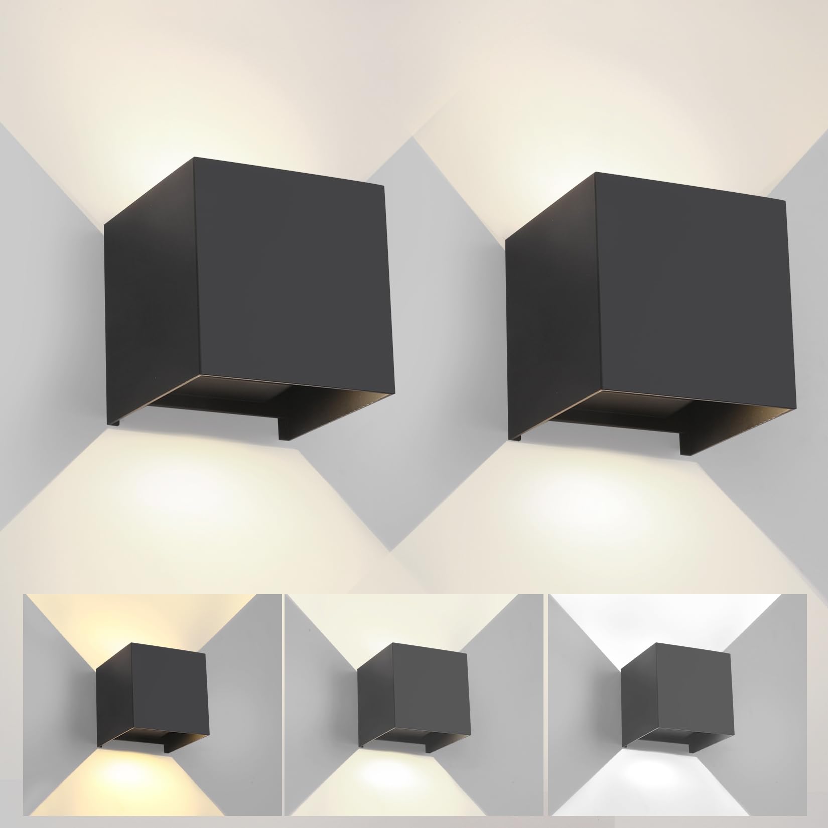 2 Piezas Aplique de Pared Exterior Interior Luz Ajustable de 3 Colores LED Lámparas de Pared Moderno Negro 15W IP65 Impermeable Apliques de exterior cuadrada de aluminio Ángulo de luz ajustable 11CM