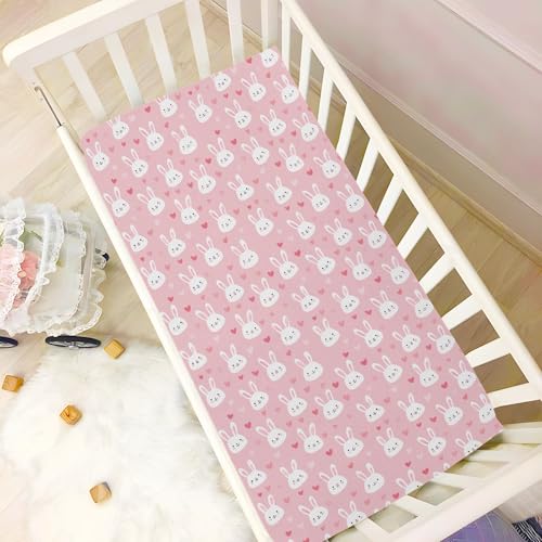 Image of Crib Sheet Breathable Soft Crib Mattress Sheet for Baby Toddler Boys Girls Fitted Crib Sheet Fit Standard Crib Mattress 52 x 28 Inch Pink Bunny Hearts