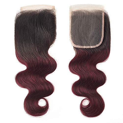Beautywell Hair Brailian Ombre Human Hair Body Wave Lace Closure,Red And Black Root Brazilan Virgin Hair 4X4 Lace Closure No Shedding(14inch)