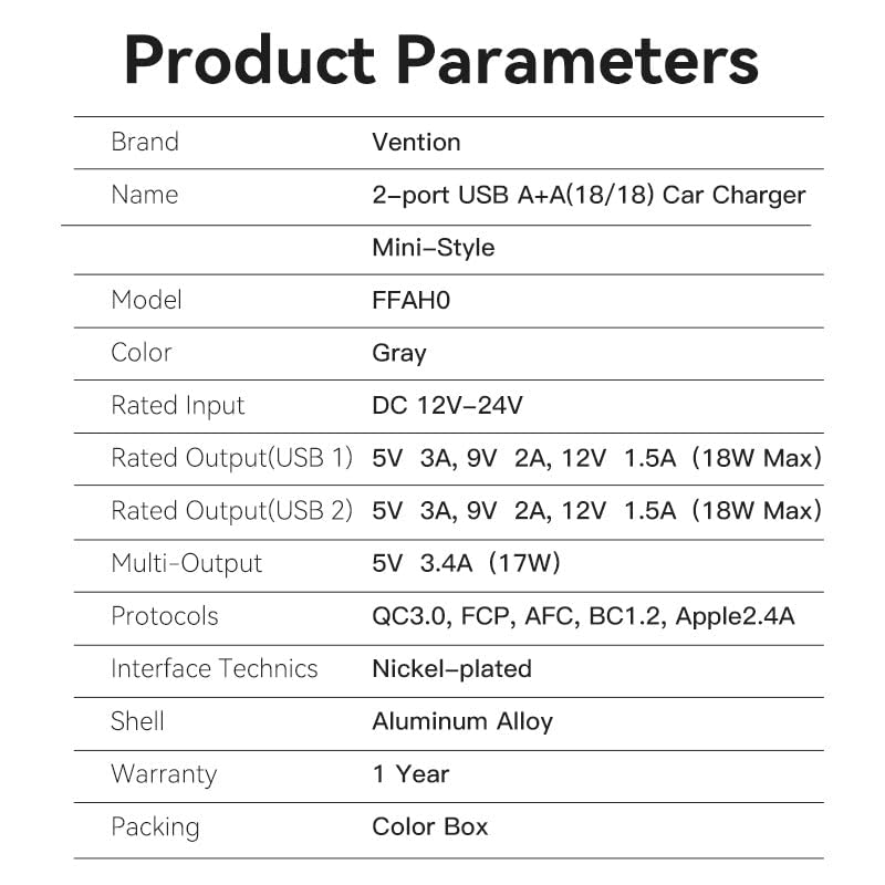 Cargador de coche vention ffah0/2xusb/30w