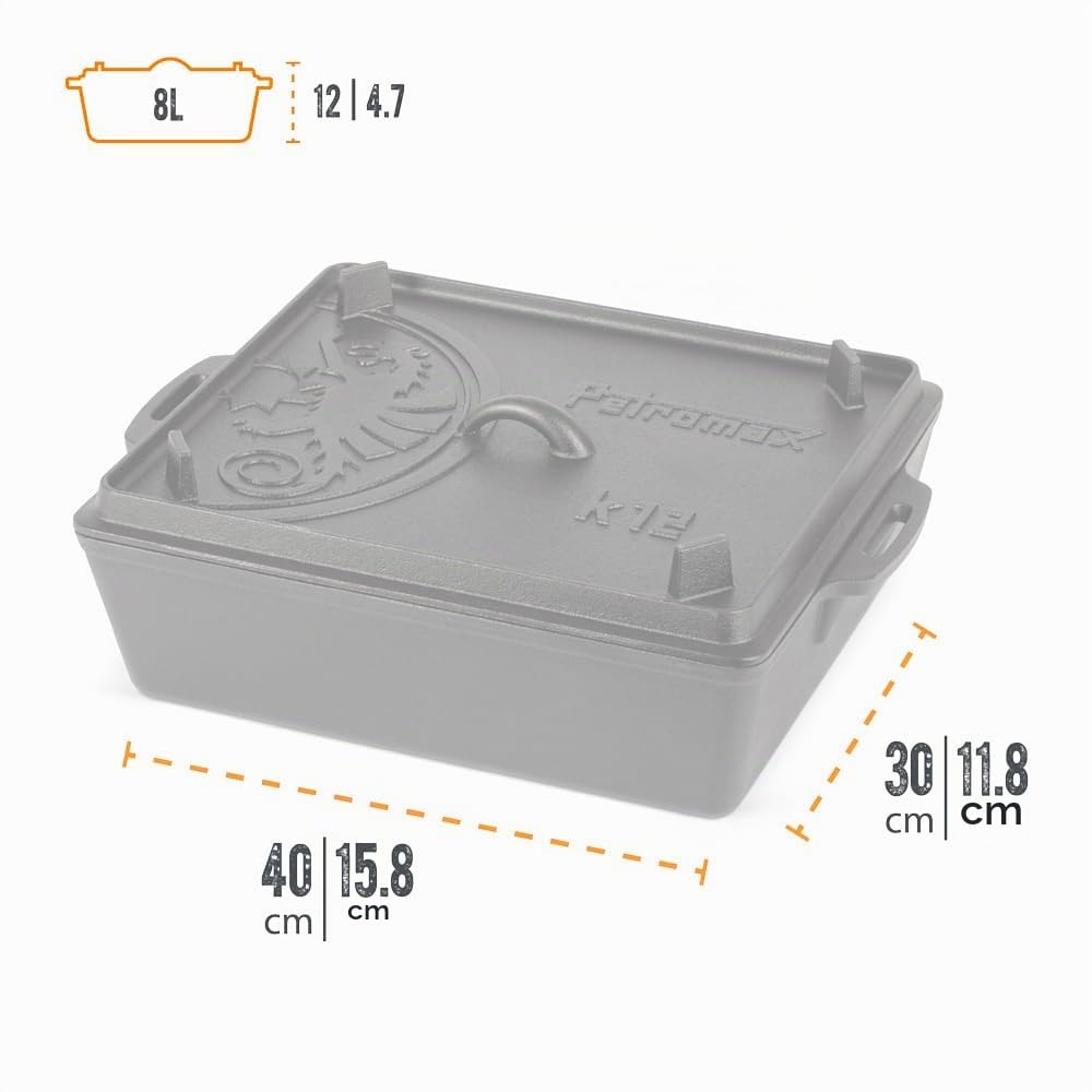 Petromax Kastenform k8 Gusseisen - 8 l Dutch Oven mit Deckelpfanne | Massiver Bräter für Backofen & Lagerfeuer - Ideal für Brot, Kuchen & Aufläufe - Inklusive Deckel als Steakpfanne nutzbar