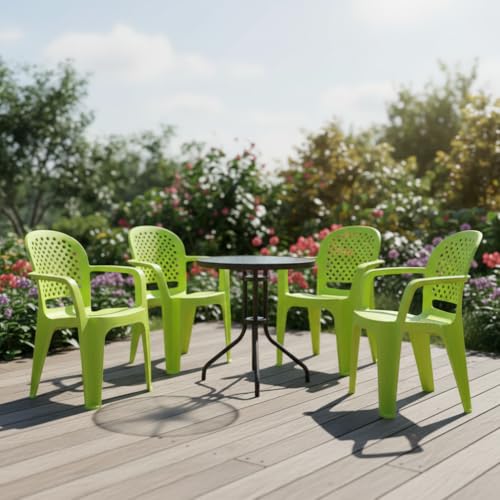 Image of Cello Crystal Armrest Plastic Chair | Chairs for Living Room, Garden, Home Indoor and Outdoor Use (Colour: Lime Green, Set of 4)