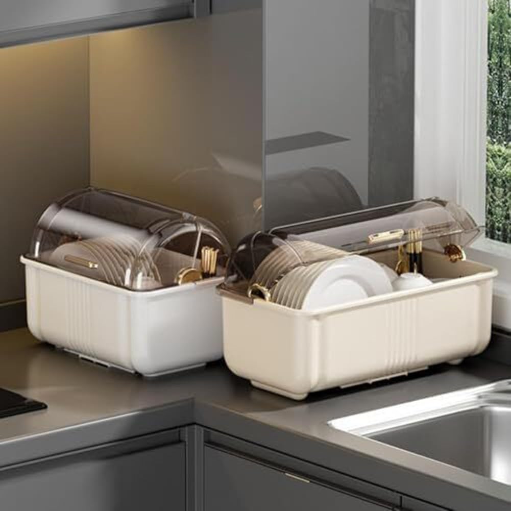 Escurridor de Platos Blanco con Tapa Antipolvo y Bandeja recogegotas extraíble para un Secado higiénico y una Limpieza fácil: solución de Almacenamiento para la vajilla de Cocina.