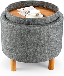 CASART Storage Ottoman, 4-in-1 Round Footstool with Removable Lid, Modern Padded Seat Upholstered Sitting Stool for Living Room Bedroom Hallway (Grey)