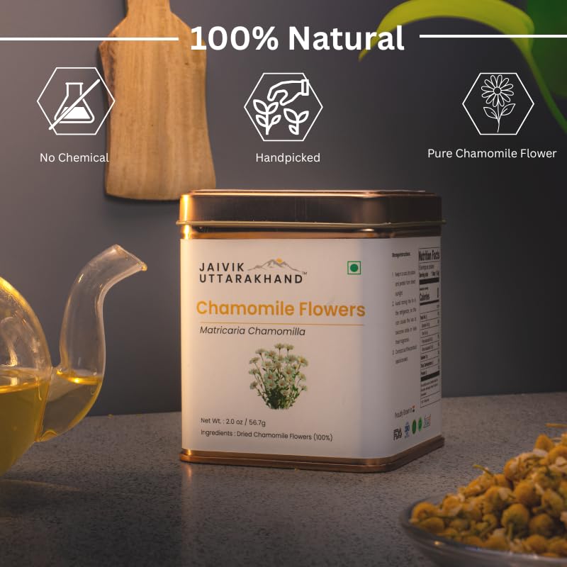 Image of Jaivik Uttarakhand - Whole Camomile Blossom Tea (226.8 g), Supports weight management, Helps in Sleep Cycle, Relaxing, Soothing, Cleansing, Decaf, Pack of 4 Tin Can