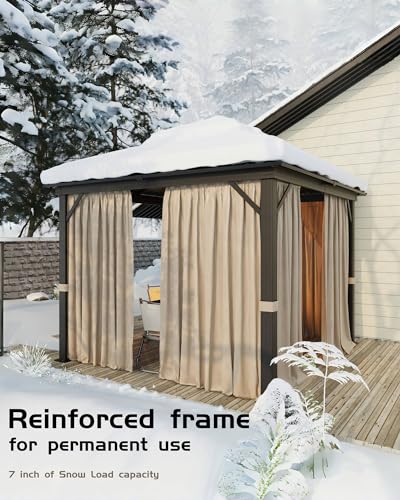Hardtop Gazebo 12'x12' for All Weather, with Double Metal Roof, Aluminum Alloy Frame, Net, and Curtain, Permanent Building for Patio, Deck, Backyard, Lawn, and Garden, Khaki