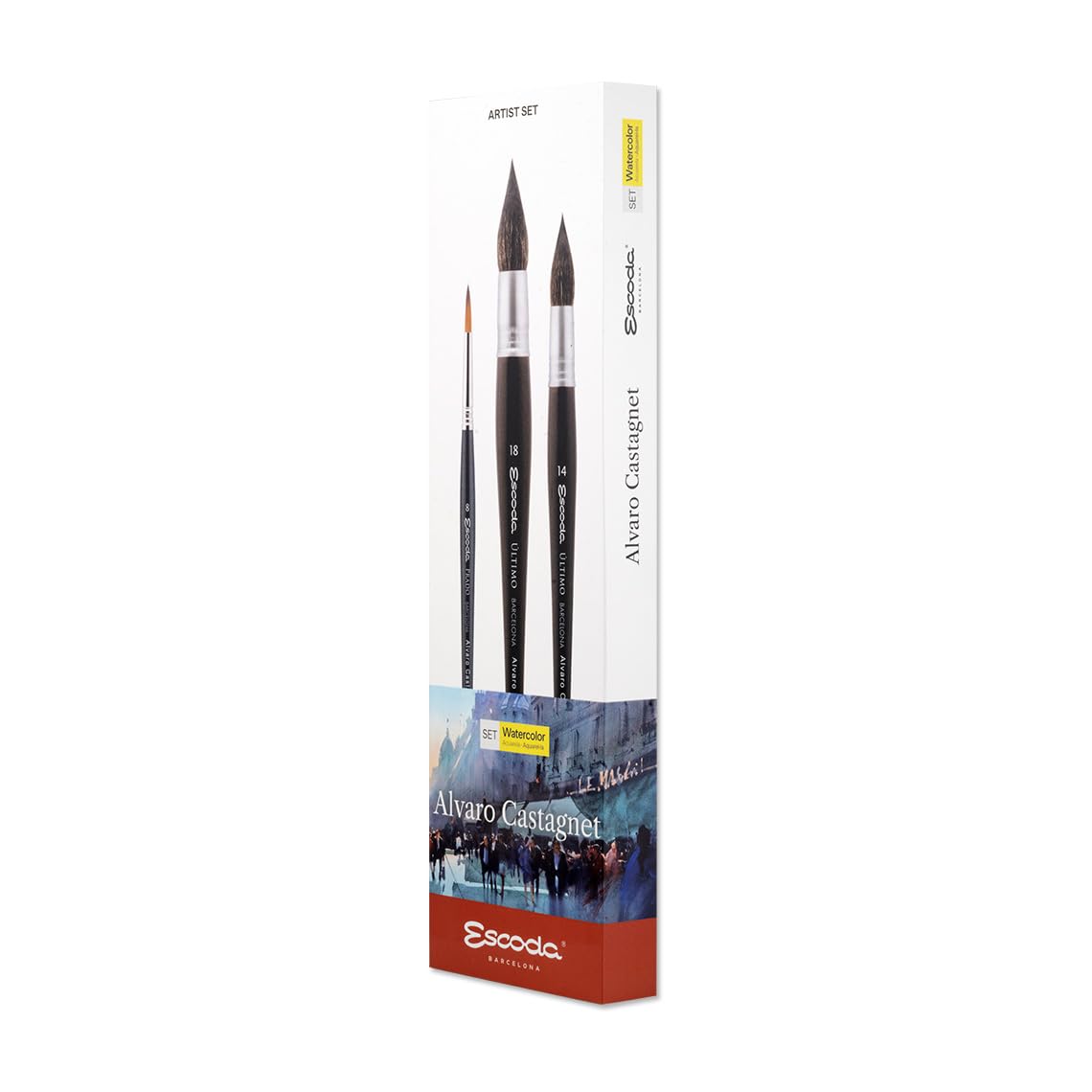 ESCODA Set 3 Pennelli Acquerello - N. 8 Punta Tonda N. 14, 18 Piuma in Fibra Sintetica Petit Gris Set 2 Alvaro Castagnet Serie Prado Ultimo Professionale Fatto a mano a Barcellona.