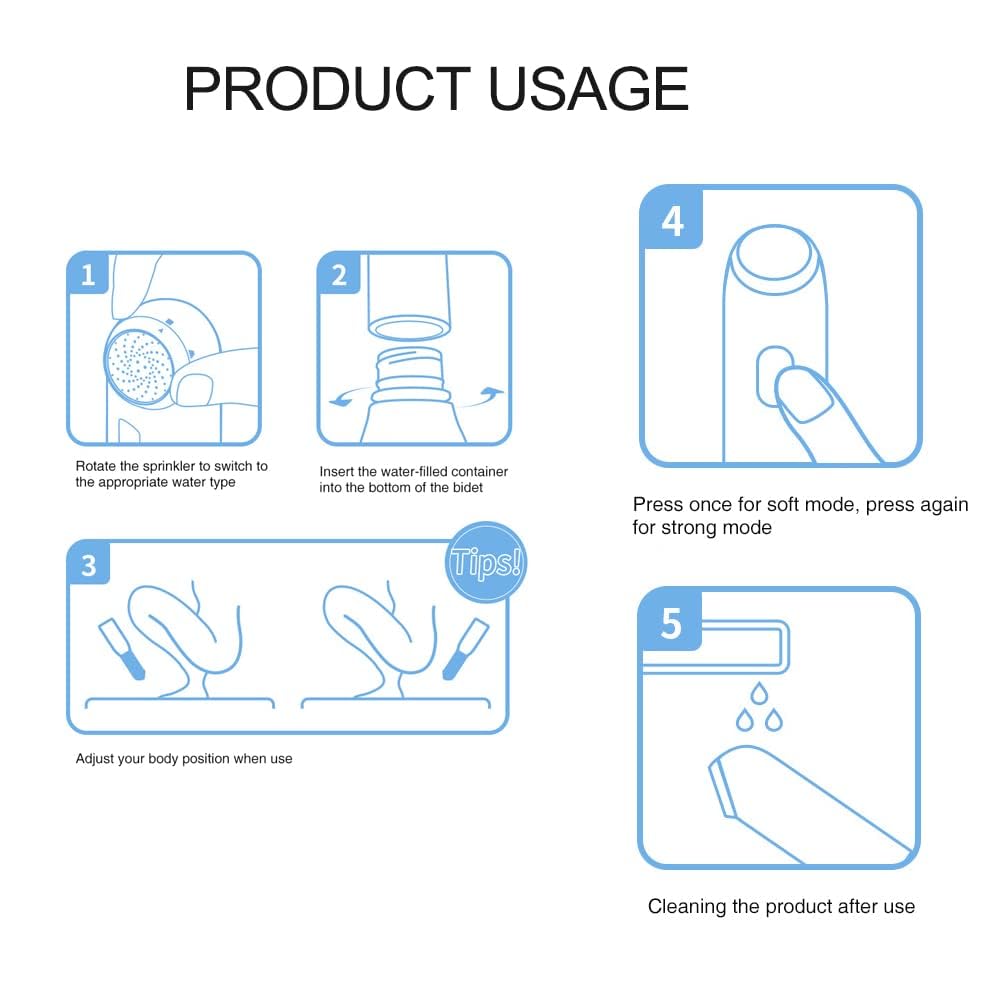 Bidet da viaggio ricaricabile portatile, spruzzatore per l'igiene personale con 4 modalità, impermeabile IPX7, senza BPA, bottiglia inclusa