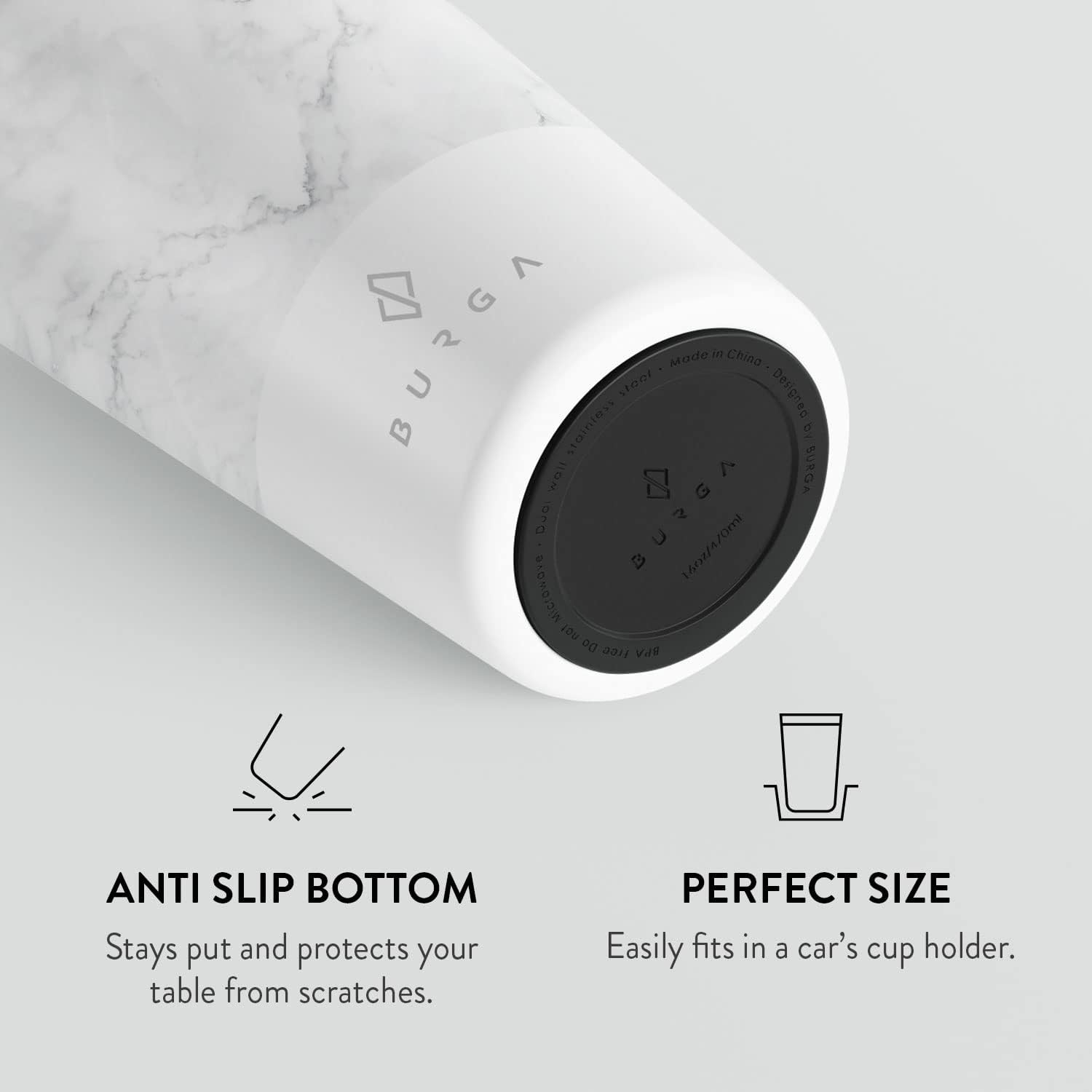 BURGA Travel Coffee Mug (16oz) – Spill-Proof, Secure-Seal Insulated Coffee Mug – Scratch-Resistant, Stainless Steel Travel Mug Stays Hot or Cold – Anti-Slip Coffee Tumbler – White Marble Travel Mug