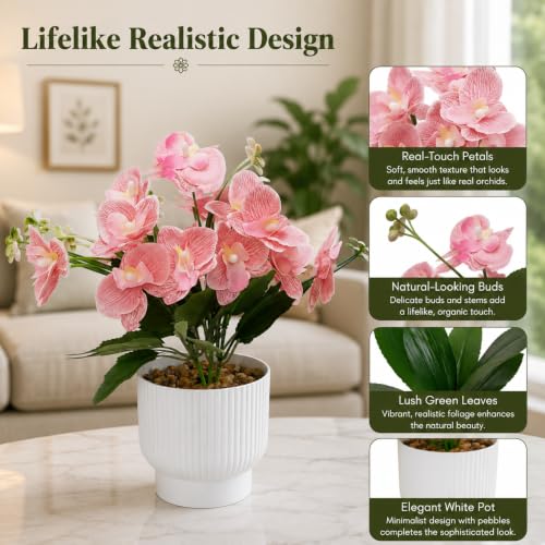Image of CURATED CART Flower Pot with Artificial Flowers - Orchid Peach Flower with White Vase | Ideal for Home Decor | Office Decor | Gifting | Size 25 x 15cm