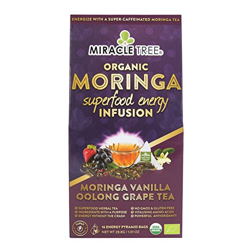 Miracle Tree’s Moringa Energy Tea – Vanilla Oolong Grape | Super Caffeinated Blend | Healthy Coffee Alternative, Perfect for Focus | Organic Certified & Non-GMO | 16 Pyramid Sachets