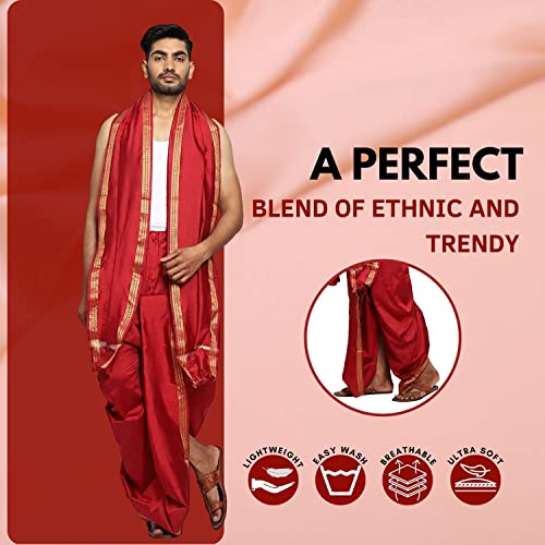 Image of Rameshwaram Fabrics Readymade Dhoti for Men, Velcro Style Stitched Mens Silk Dhoti Pant with Stole Set